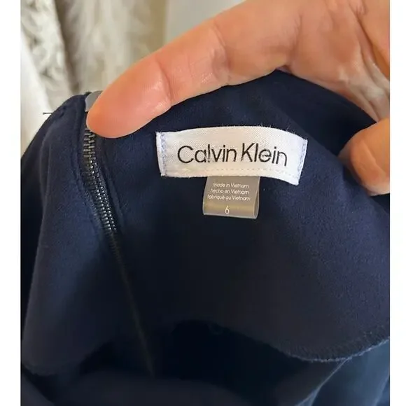 Calvin Klein Women's Sz 6 Navy Scuba Crepe 3/4 Sleeve Flounce Skirt Dress #0548 - Picture 6 of 11